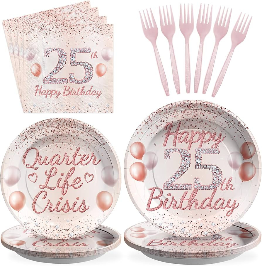 96 Pcs 25th Birthday Party Supplies Quarter Life Crisis Rose Gold 25 Year Old Birthday Plates and... | Amazon (US)