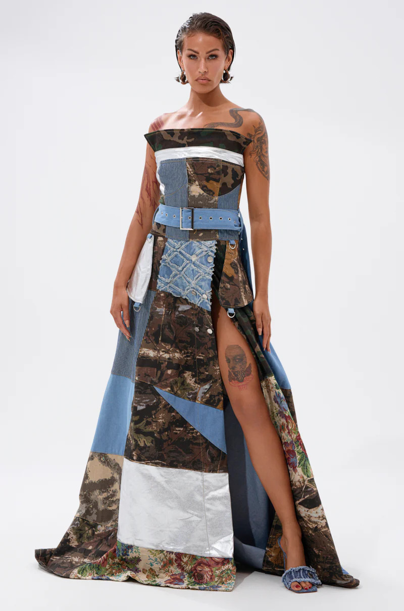 STRAPLESS TRENCH MAXI DRESS WITH PATCHWORK DETAIL | AKIRA