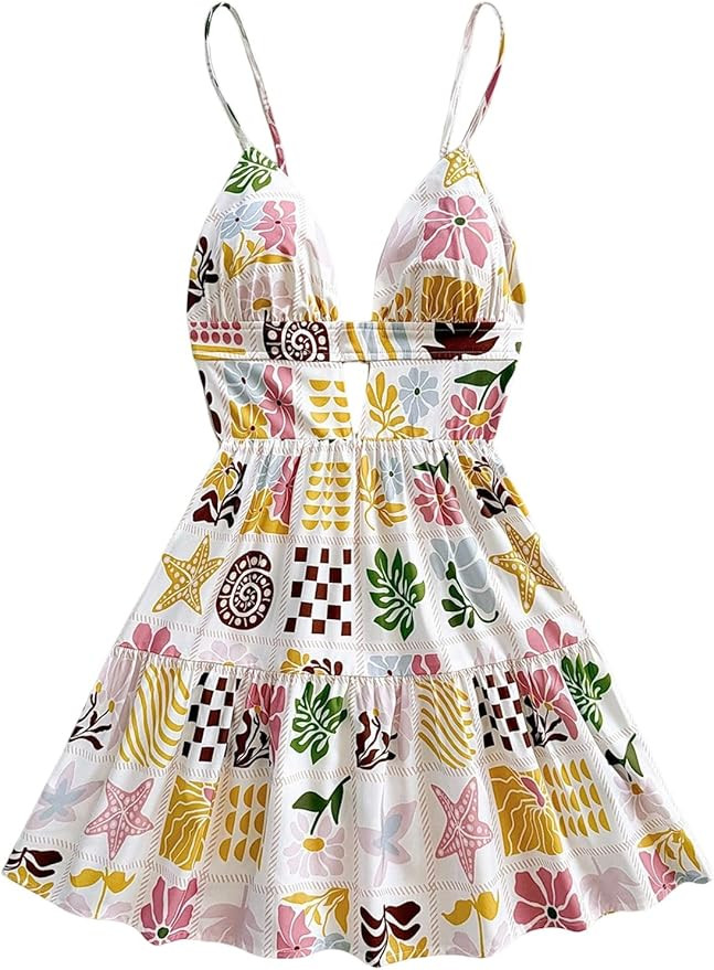 Floerns Women's Boho Floral Print Mini Dresses Cut Out V Neck Tiered Summer Cami Dresses | Amazon (US)