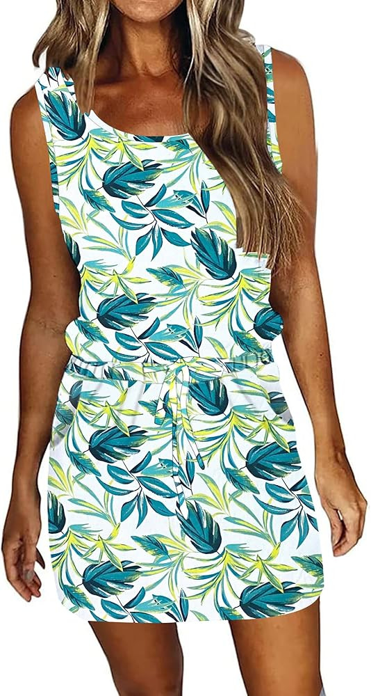 WNEEDU Womens Summer Dress Casual Sleeveless Sundresses Drawstring Waist Beach Dress Short Swing ... | Amazon (CA)