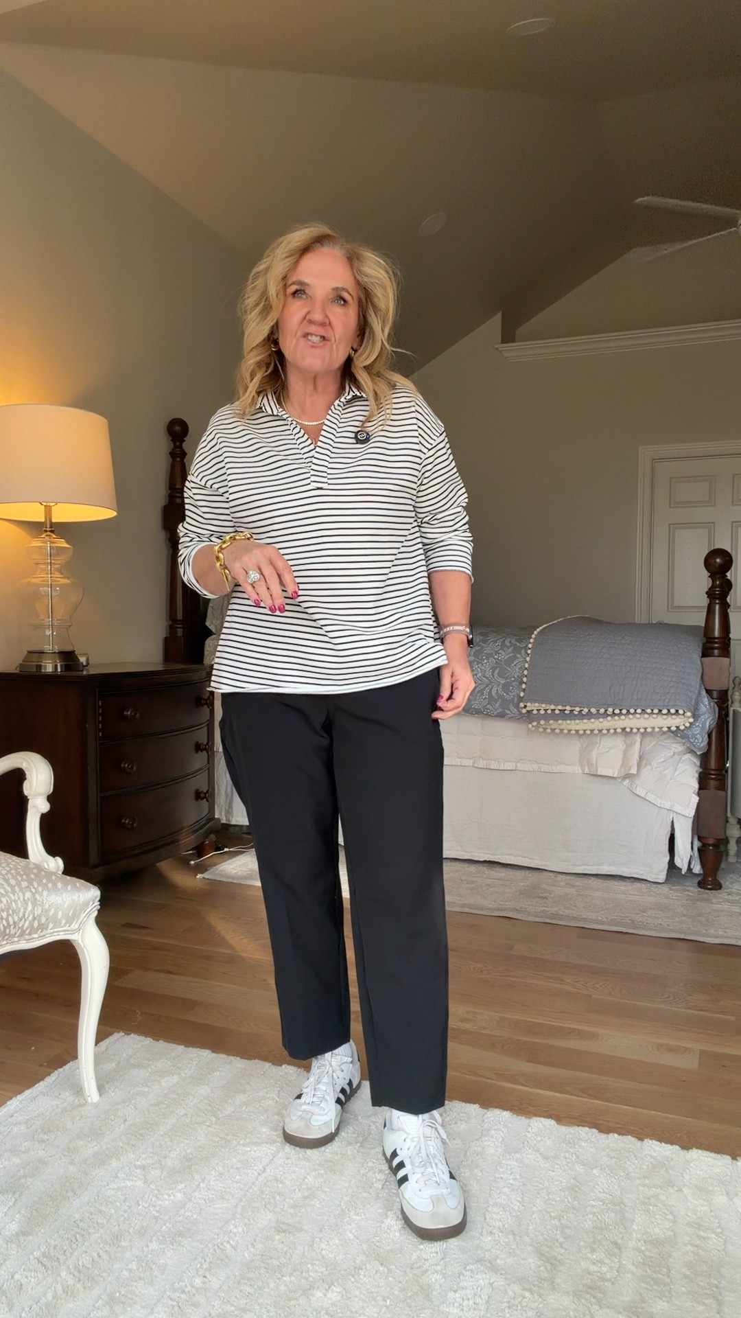 Amazon top size medium. It’s a midweight French Terry.
Endless pants by Athleta are 30% off. It’s a great time to pick up a new color or try the style. They’re perfect for travel work at leisure and still look put together. I’m wearing a size 8 petite.
I’m rediscovering my Adidas sambas. I love the crisp lines and simple black-and-white.

Linking a few of the favorite things that were shared at the Galentine’s lunch today

Also linking some of my favorites from Ballard designs like my Pom Pom quilt, bedding and kitchen curtains  

#LTKValentine #LTKSaleAlert #LTKOver40 #LTKHome #LTKOver40 #LTKootd