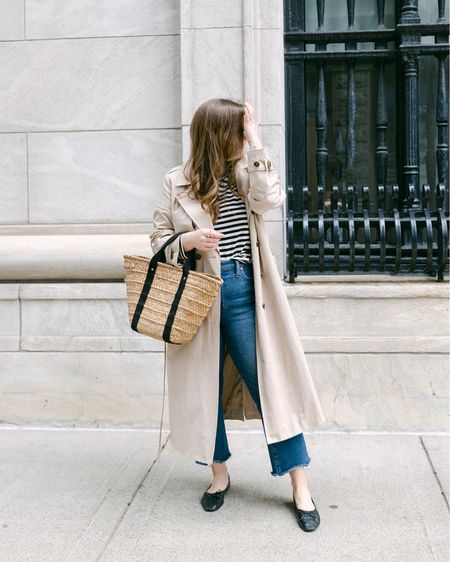 Trench coat outfit idea for spring 🤍 everything runs TTS!

Amazon trench coat, Lacson Ravello stripe long sleeve, Madewell jeans, Schutz ballet flats, KAYU straw tote 

#LTKstyletip #LTKshoecrush