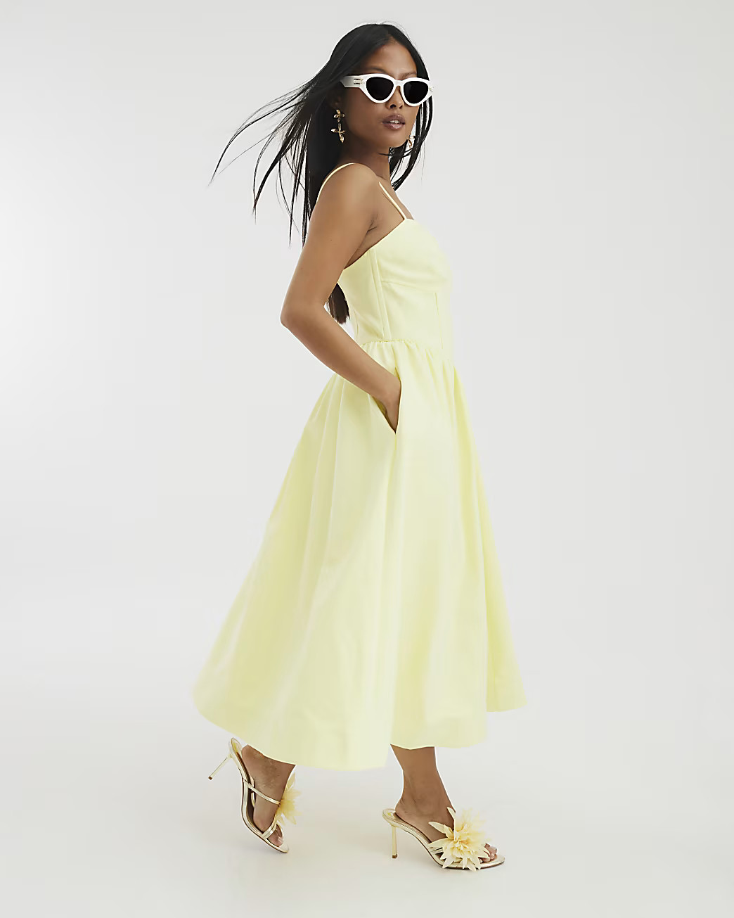 Petite Yellow Corset Detail Midi Dress | River Island UK & IE