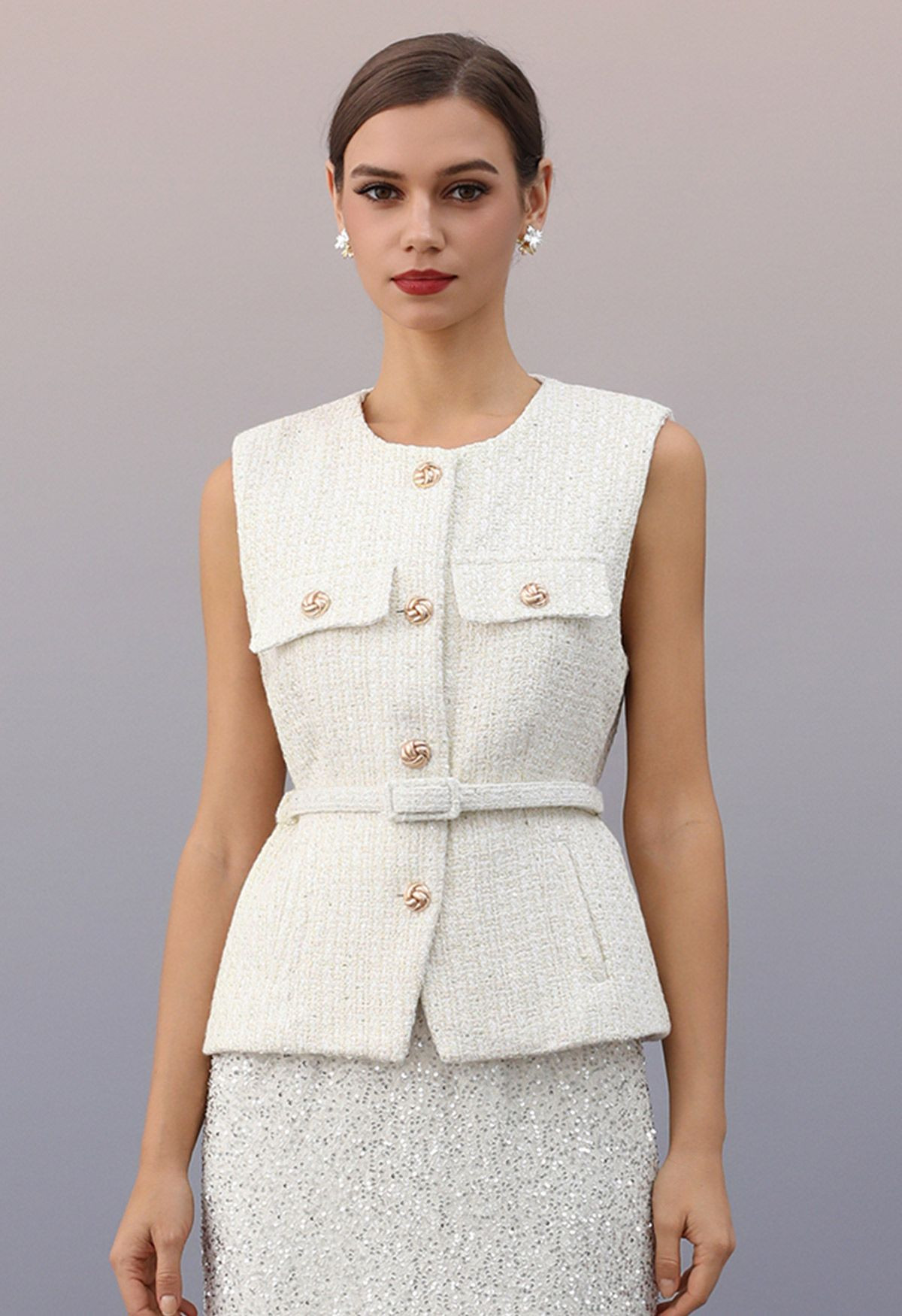 Polished Button Belted Shimmer Tweed Vest in Ivory | Chicwish