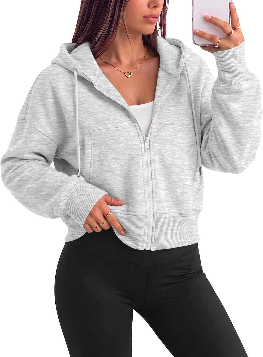 Trendy Queen Womens Zip Up Cropped Hoodies Drop Shoulder Casual Sweatshirts | Amazon (US)