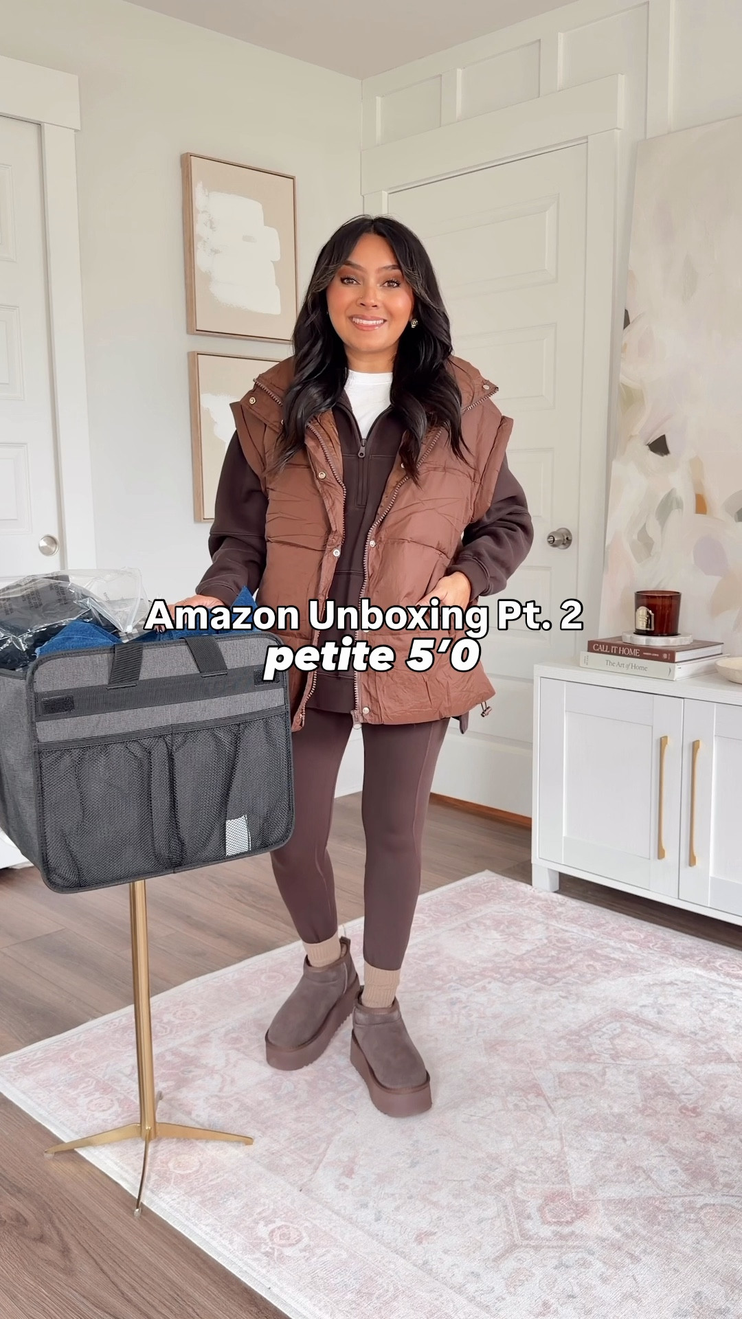 Amazon Unboxing Part 2!
For reference: I’m 5’0, 32b bra size, and 2/26 in bottoms, pear shaped. 
*Everything I share is unaltered! TTS means true to size.

Deep earth brown pullover size xs TTS
Deep earth brown leggings size medium regular length - these do come in short but I like the regular length for a full length legging and I size up a size for a comfortable waistband
Brown platform boots, similar to uggs size 6 - for reference my real Uggs, I wear a size 5 
Socks size 5-9 TTS

Black gingham jacket size xs TTS
Black 
Ribbed long sleeve cotton tees size small TTS
Black pants size small short
Brown Chocolate pants size small short
Burgundy sneakers size 6 TTS


Did not link the jeans that I DONT recommend but I did link the the black pair by the same brand that I love!
Army green top size xs
Brown cafe boots size 5.5 - size down a half size. 
Raw hem mom jeans size 4 - sized up one size 

Dark brown loung set size xs TTS
Brown vest size xs TTS
Brown and white sneakers size 6.5 TTS


amazon fall finds
fall basics
petite friendly outfits
cozy fall outfit
amazon fashion haul
fall wardrobe essentials
affordable fall style
shearling slippers
layering pieces
amazon outfit ideas
cozy capsule wardrobe
amazon loungewear
neutral fall fashion
everyday fall outfits
look for less fall finds
Anthropologie look alike 


#LTKPetite #LTKFindsUnder50 #LTKStyleTip