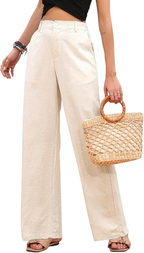 BBO Linen Pants for Women Casual Straight Wide Leg Pants Flowy Pant High Waisted Trousers Lounge ... | Amazon (CA)