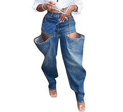Vakkest Women's Baggy Denim Jeans Patchwwork Pants High Cutout Straight Wide Leg Stretchy Ripped ... | Amazon (US)