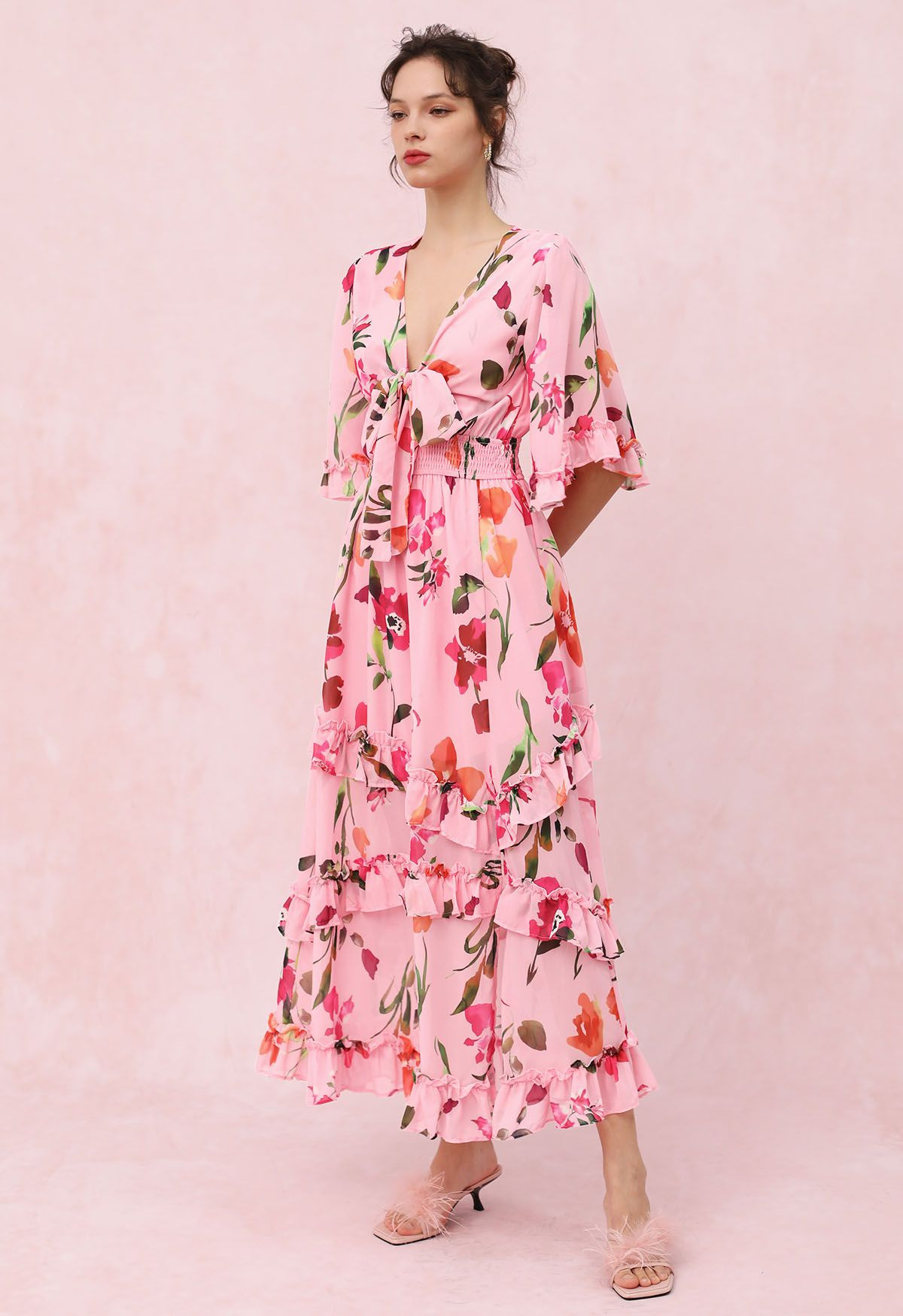 Pink Blossom Tie-Front V-Neck Maxi Dress | Chicwish