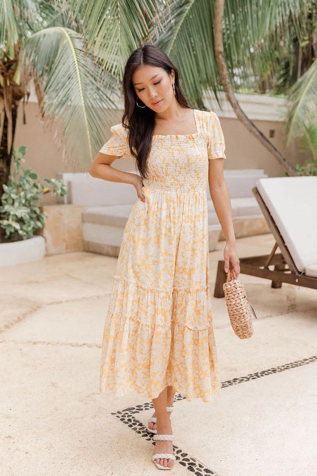Sunshine Grace Floral Midi Yellow Dress FINAL SALE | The Pink Lily Boutique