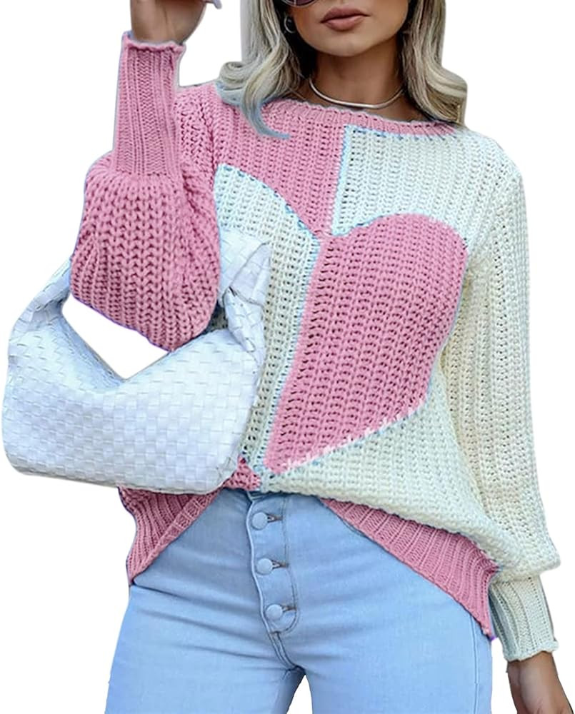 Women's Heart Sweater Long Sleeve Crewneck Knit Sweaters Casual Pullover Jumper | Amazon (US)