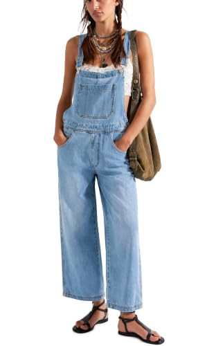 Women's Straight Wide Leg Casual Denim Bib Baggy Overalls(Light Blue L) | Amazon (US)
