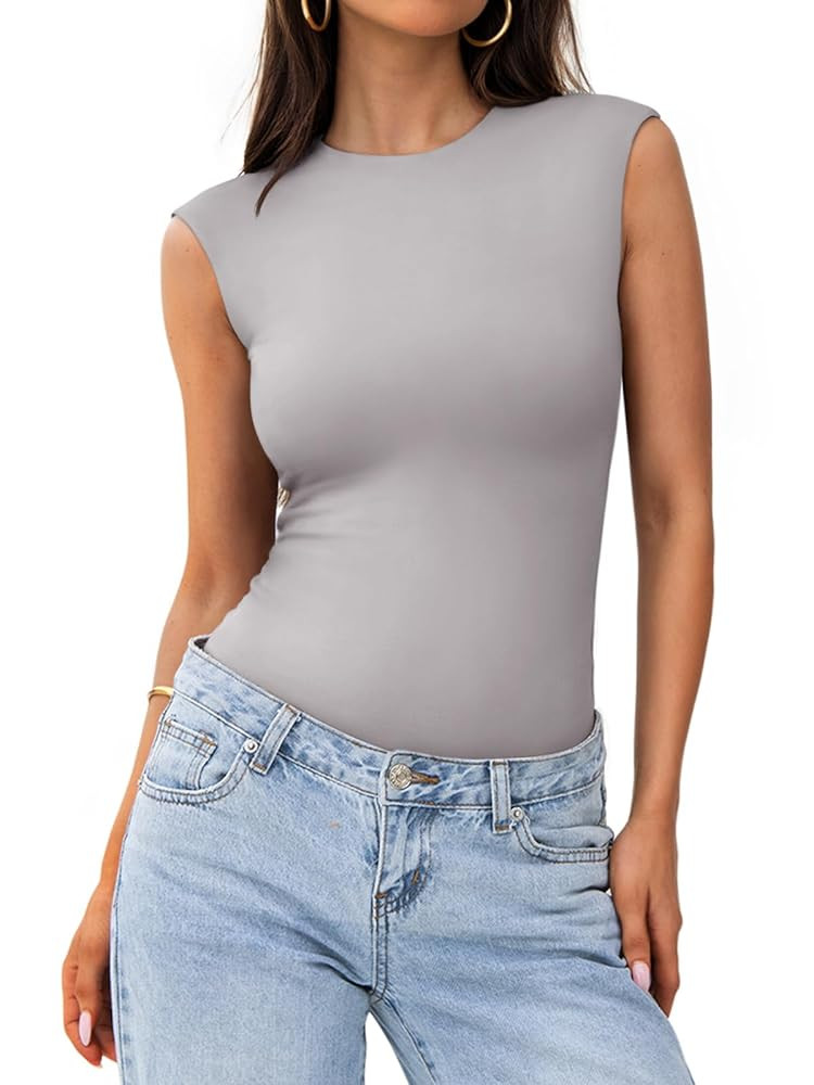 PINKMSTYLE Womens Crew Neck Sleeveless Bodysuit Double Lined Stretchy Fitted Basic Thong Body sui... | Amazon (US)