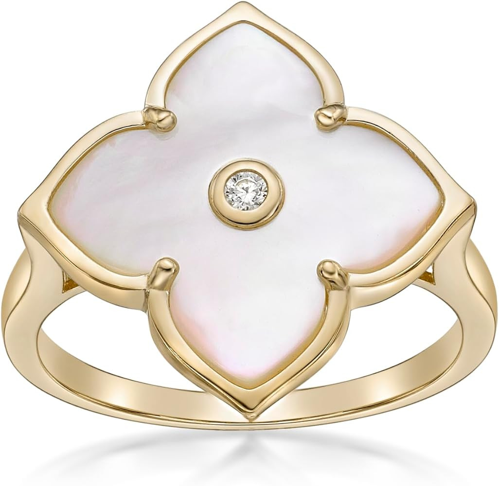 Lavari Jewelers Black Onyx or Mother of Pearl and Cubic Zirconia Flower Ring for Women in 925 Ste... | Amazon (US)
