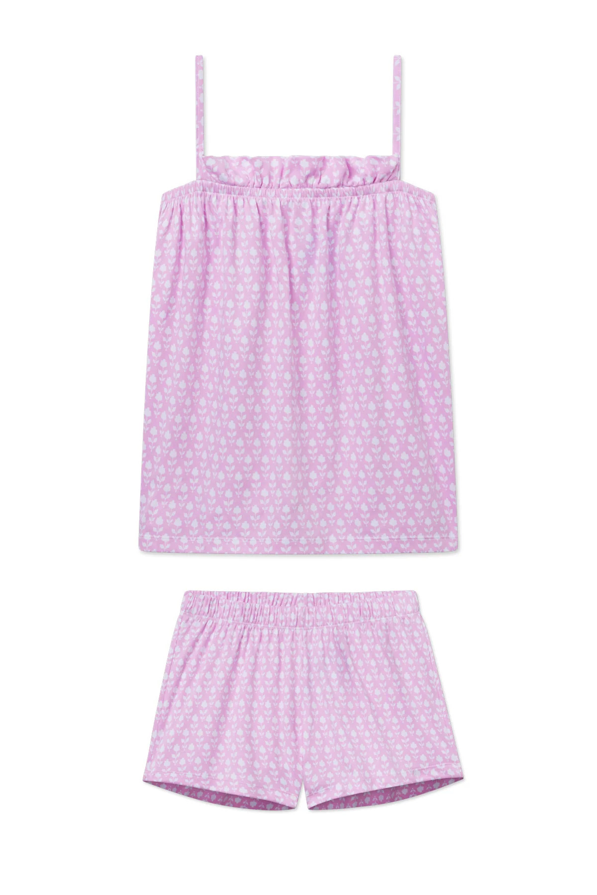Pima Ruffle Shorts Set in Foxglove Inverse Bloom | Lake Pajamas