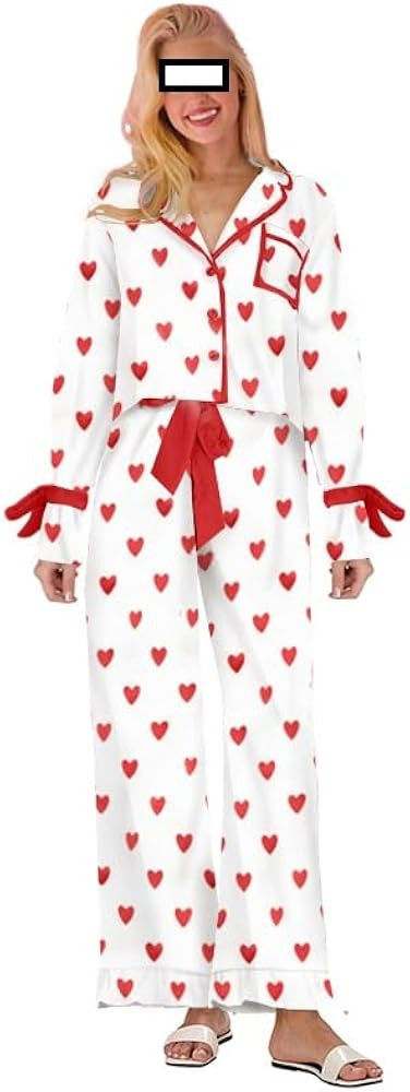 Women 2 Piece Christmas Pajamas Set Cute Bow Tie Long Sleeve Shirts Pants Silk Satin Graphic Pjs ... | Amazon (US)