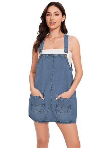 LOZ Womens Denim Overalls Dress Casual Summer Jean Sleeveless Romper Adjustable Strap Denim Dress with Pockets Blue | Amazon (US)