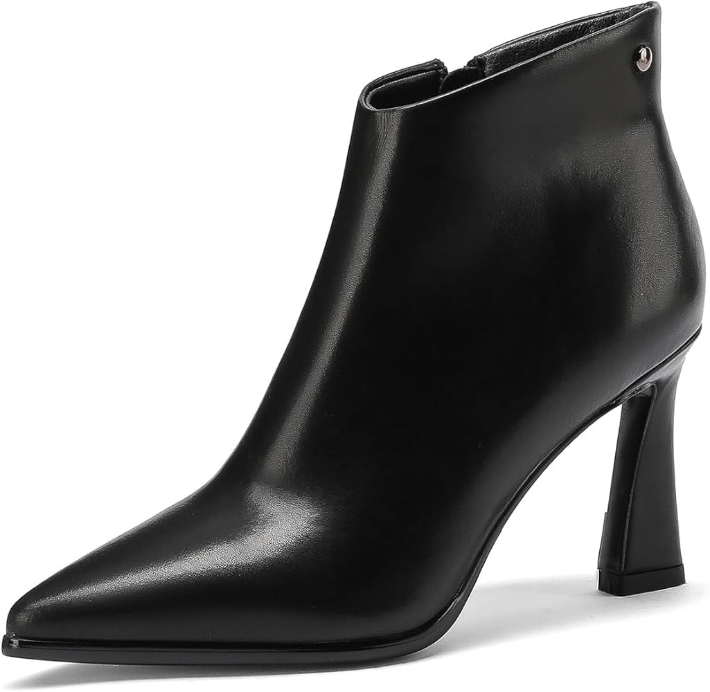 Womens Pointed Leather Thick High Heels 8.5cm/3.3in Rivet Ankle Boots Fashion Retro Party Boots | Amazon (US)