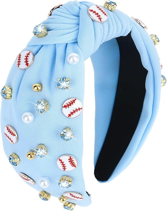 YARIEW Baseball Headband, Jeweled Top Knot Headband (Blue) | Amazon (US)