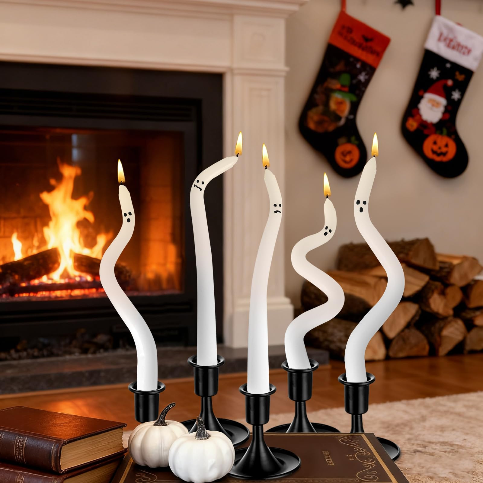 Halloween Decorations Indoor 5 Pack Hand-Twisted Ghost Taper Candles - 9.4" White Halloween Cente... | Amazon (US)