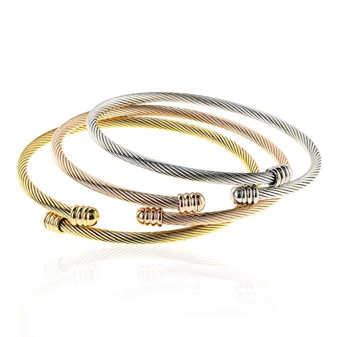 EDFORCE 3 Tone Stainless Steel Hypoallergenic Stacked Twisted Cable Wire Bangle Adjustable Cuff B... | Amazon (US)