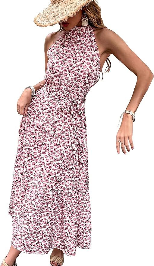Floerns Women's Floral Print Ruffle Hem Belted Halter Tie Back Summer Maxi Dress | Amazon (US)