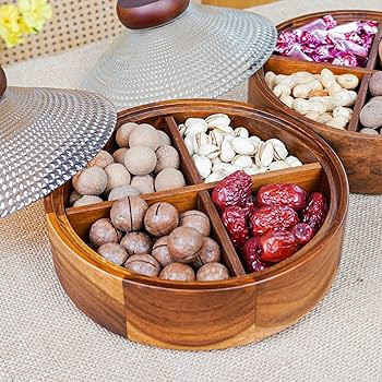 Wooden Snack Box with Glass Lid, 4-Compartment Serving Tray for Nuts, Candy, Dried Fruits, Multip... | Amazon (US)
