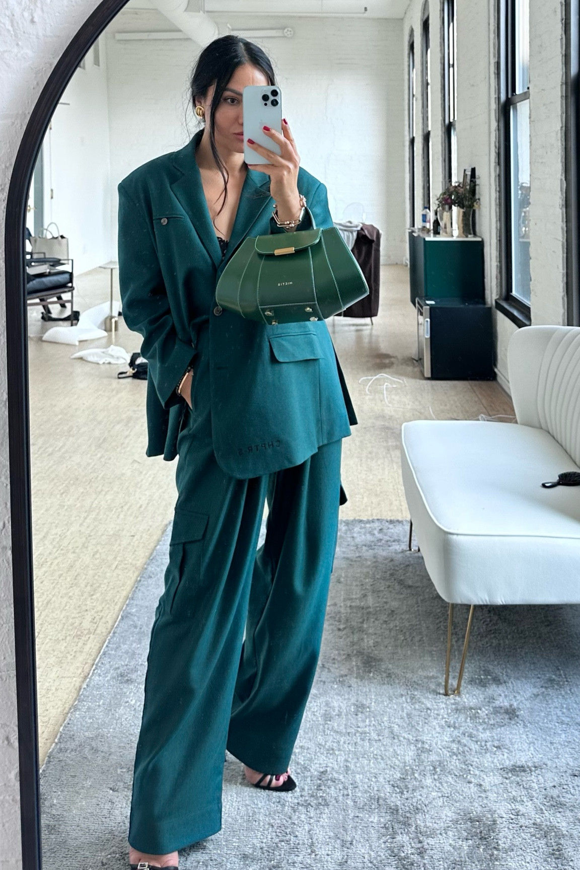 Green suit, blazer, cargo pants, green bag, strappy heels 

Blazer: comes in one size, it’s oversized
Cargo pants: went up a size (personal preference) 