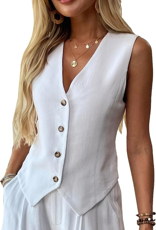 heipeiwa Women's Cotton Linen Vest Button Down Sleeveless V Neck Tank Tops Waistcoat Jacket | Amazon (US)