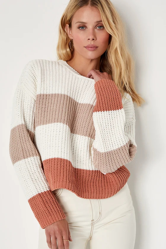 Moments of Cozy Ivory Multi Striped Crew Neck Pullover Sweater | Lulus (US)