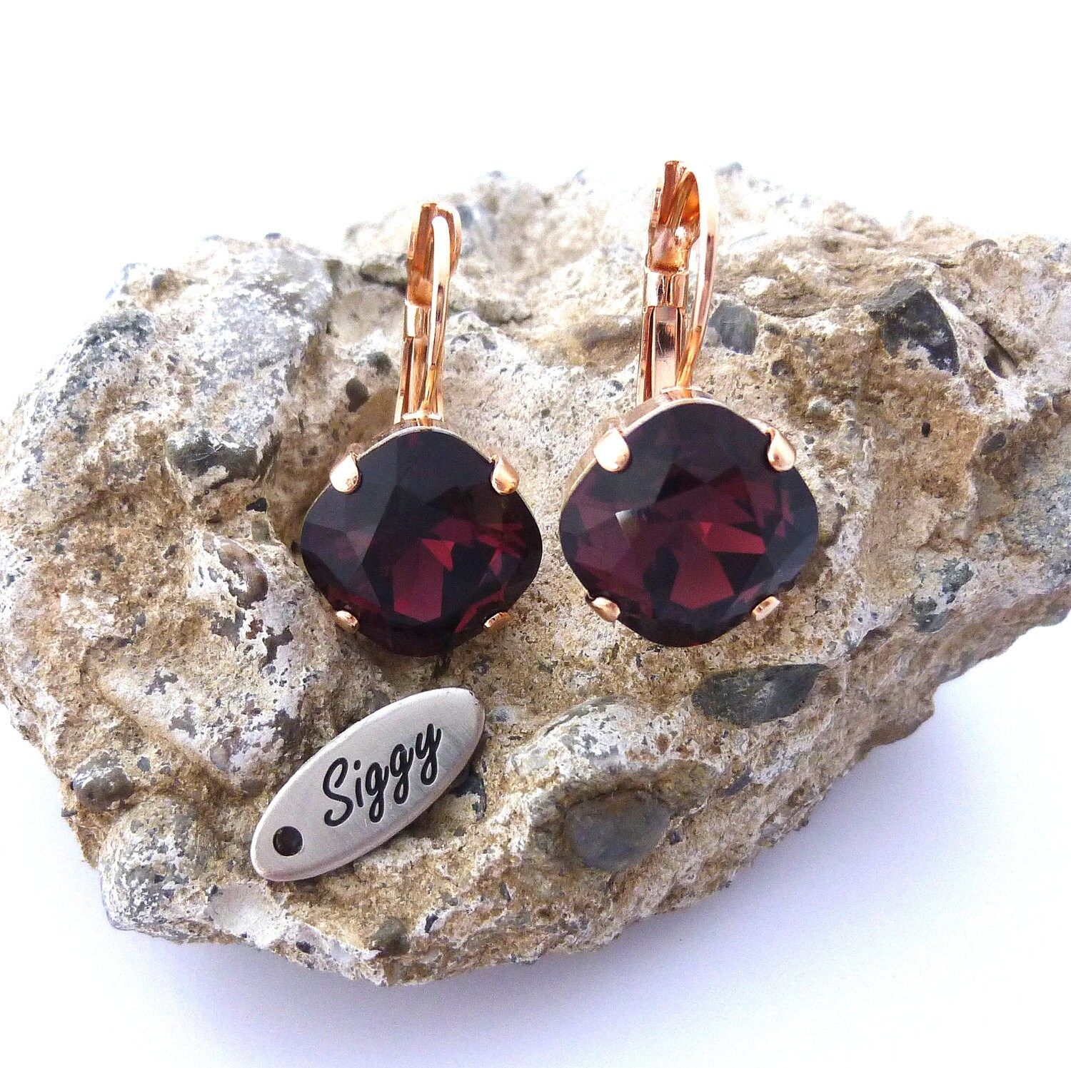 Swarovski crystal Burgundy earrings, cushion cut, 12mm Marsala earrings, rose gold square earrings, bridesmaids gift, Siggy Jewelry | Etsy (US)