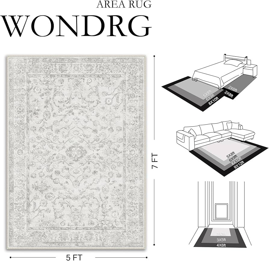 8x10 Grey Washable Area Rug for Living Room Bedroom Neutral Soft Floral Non Slip Large Throw Rug ... | Amazon (US)