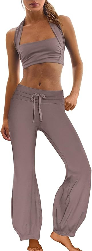 Panadila Women 2 Piece Yoga Sets Pilates Outfit Halter Sports Bra Fold Over Flare Leggings Matchi... | Amazon (US)