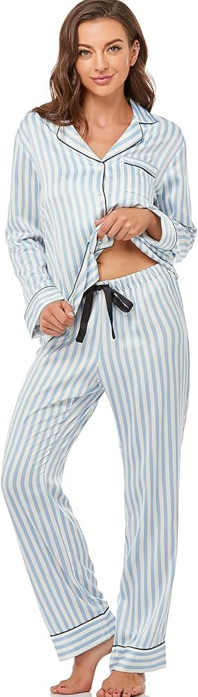 Serenedelicacy Women's Satin Pajama Set Long Sleeve Button Down Sleepwear 2-Piece Striped Silky P... | Amazon (US)