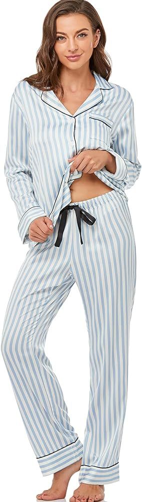 Serenedelicacy Women's Satin Pajama Set Long Sleeve Button Down Sleepwear 2-Piece Striped Silky P... | Amazon (US)