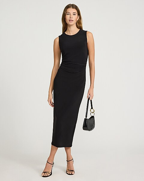 Crew Neck Sleeveless Ruched Open Back Midi Dress | Express