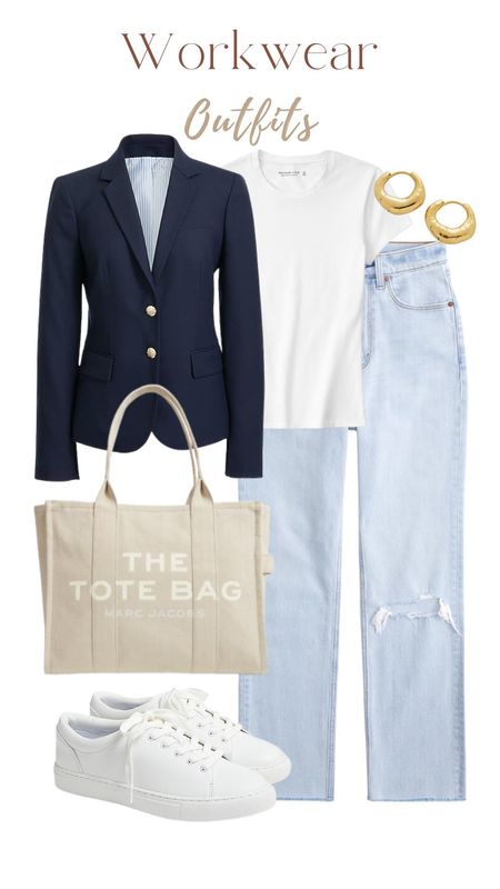 Work wear office outfit, navy blazer, white shirt, jeans, Marc Jacobs tote bag

#LTKfindsunder50 #LTKstyletip #LTKworkwear