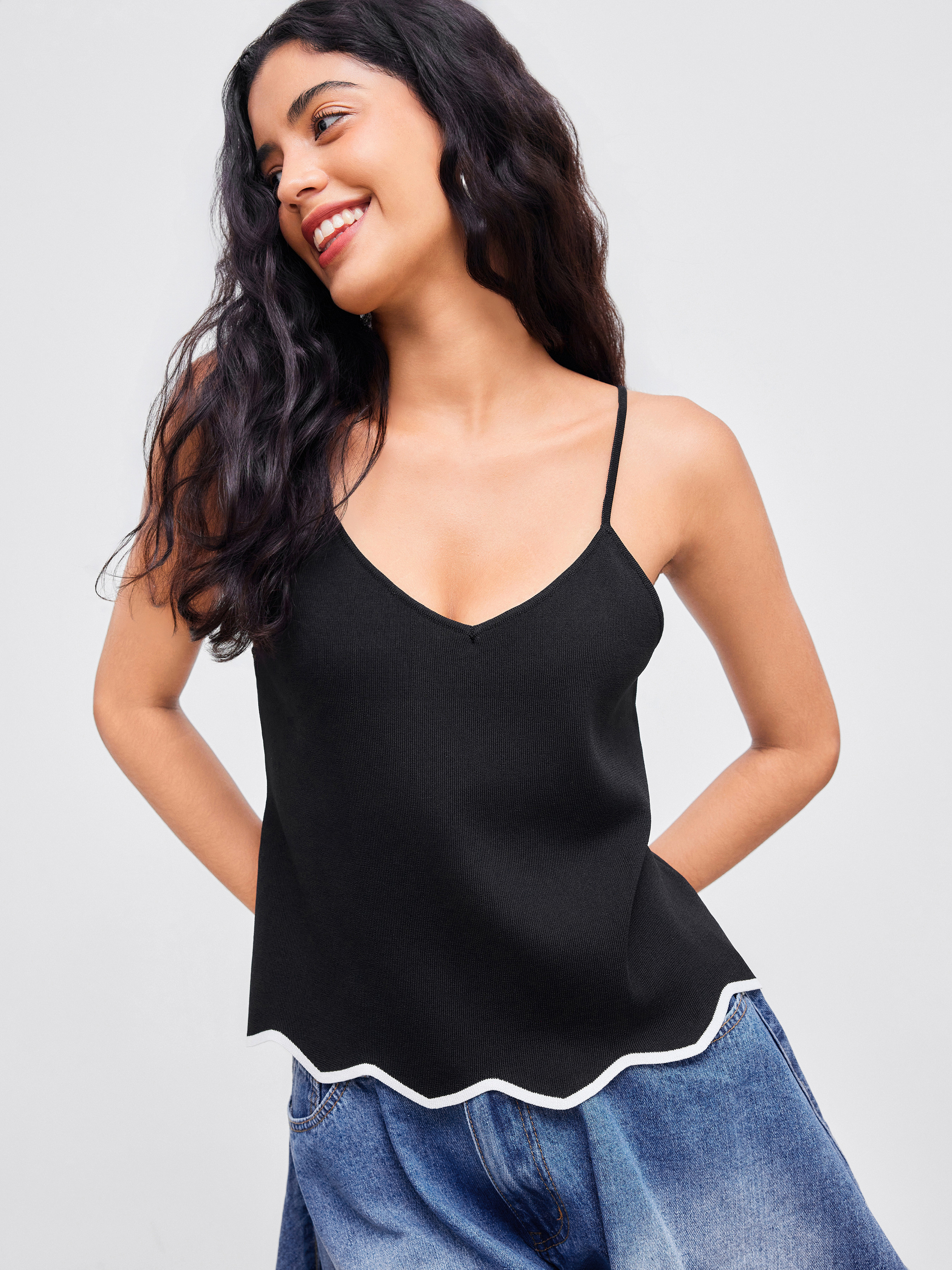 Knit Fabric Knitted Contrasting Binding Lettuce Trim Cami Top For Daily Casual Coffee Shop | Cider