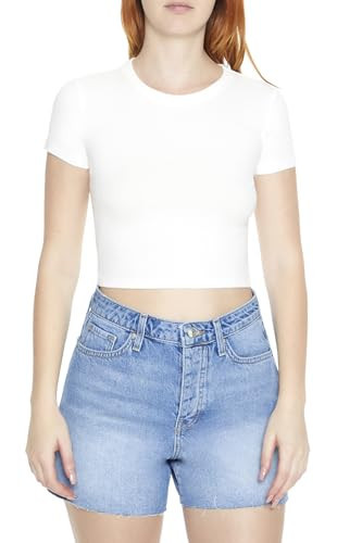 Forever 21 Women's Cropped Rib-Knit Tee, White, Small | Amazon (US)