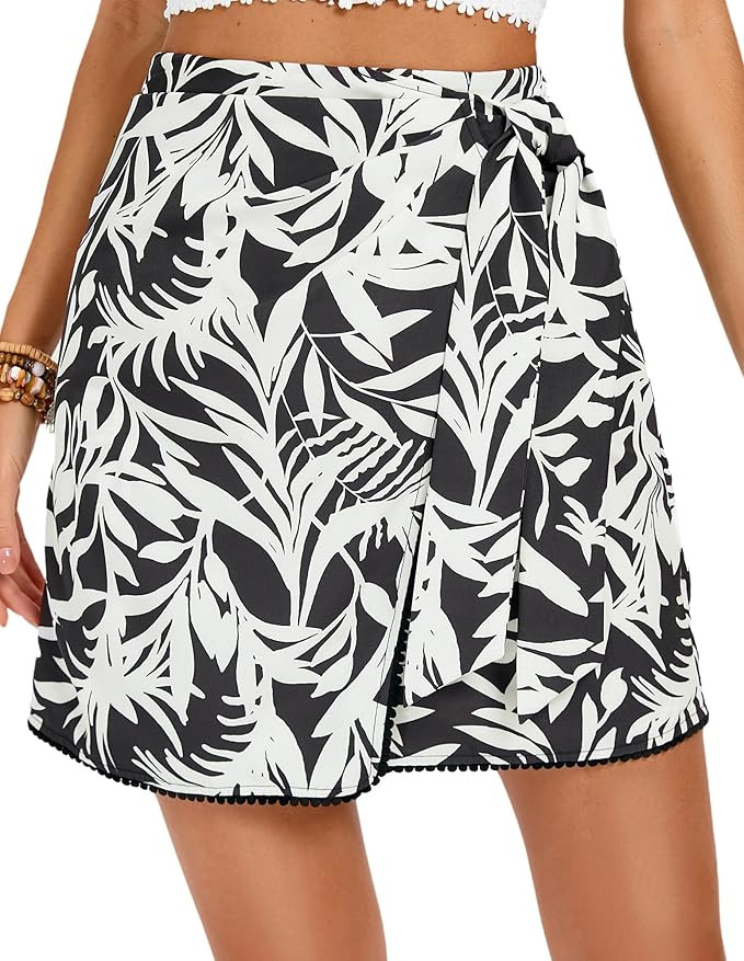Kate Kasin Women's Boho Mini Skirts Floral Wrap Tie Skirt Elastic High Waisted Summer Casual Beac... | Amazon (US)