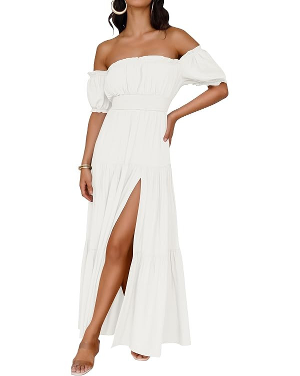 ZESICA Women's Boho Off Shoulder Wedding Guest Dress 2026 Summer Side Split Flowy A Line Long Max... | Amazon (US)