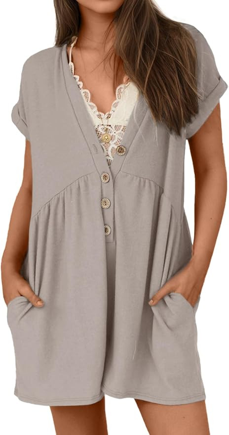 Glamaker Women's Summer Short Sleeve Romper Casual V Neck Wide Leg Short Jumpsuit Button Beach Ro... | Amazon (US)