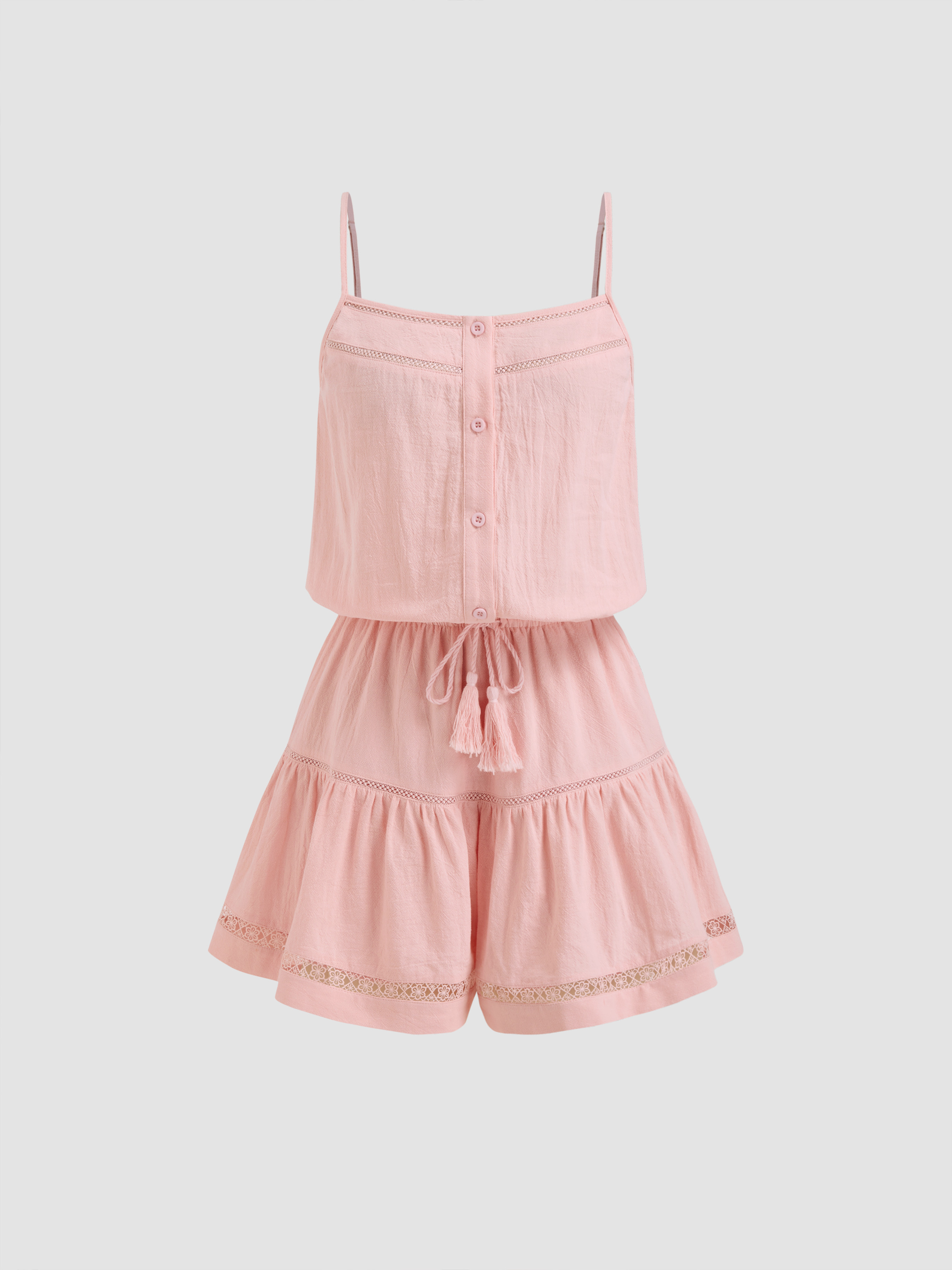 Linen-blend Cotton Scoop Neckline Drawstring Fringe Elastic Waist  Romper For Daily Casual | Cider