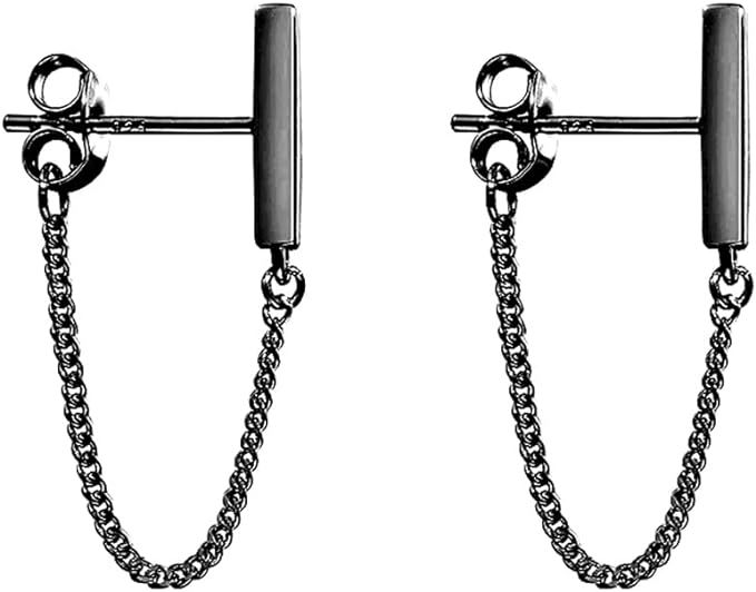 Reffeer 925 Sterling Silver Stud Earrings Minimalist Bar Earrings with Chain Dangle Earrings For ... | Amazon (US)