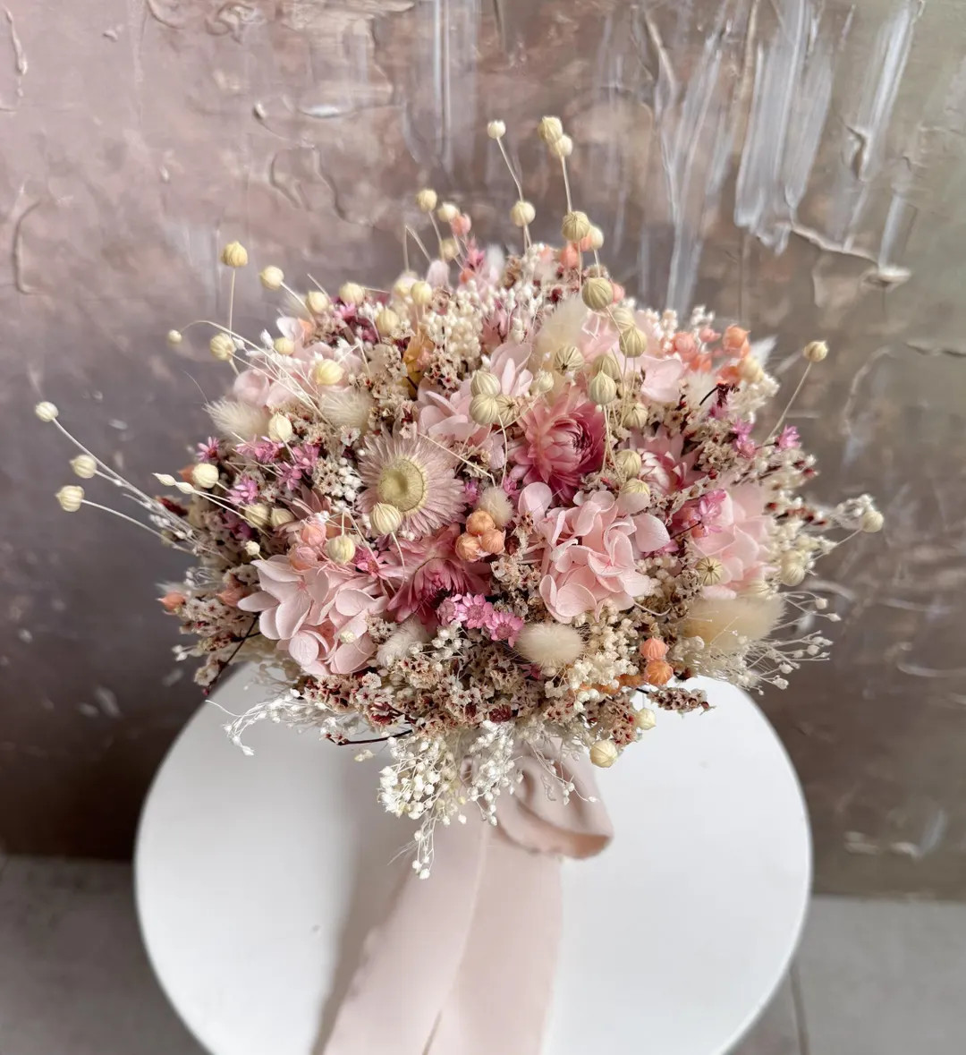 Blush Pink Dried Flowers Bridal Bouquet, Rustic Wildflowers Wedding Bouquet, Baby's Breath & Dais... | Etsy (US)