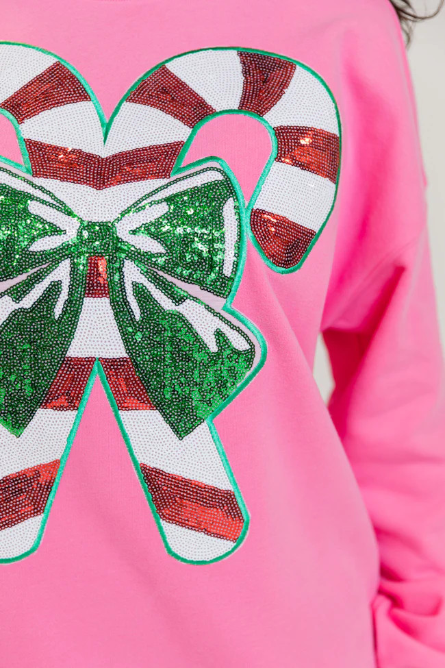 Candy Cane Sequins Patch Pink Oversized Graphic Sweatshirt | Pink Lily