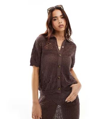 Miss Selfridge short sleeve boxy crochet shirt co-ord in chocolate | ASOS | ASOS (Global)