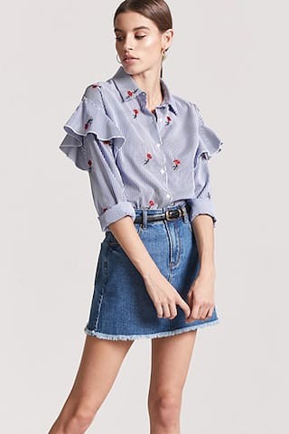 Embroidered Flounce-Trim Pinstripe Shirt | Forever 21 (US)