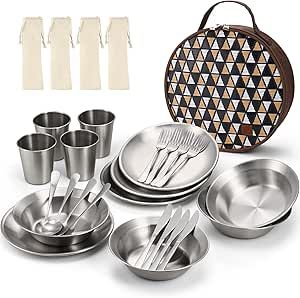 Odoland Camping Complete Messware Kit, Polished Stainless Steel Camp Dinnerware, Camping Cooking ... | Amazon (US)