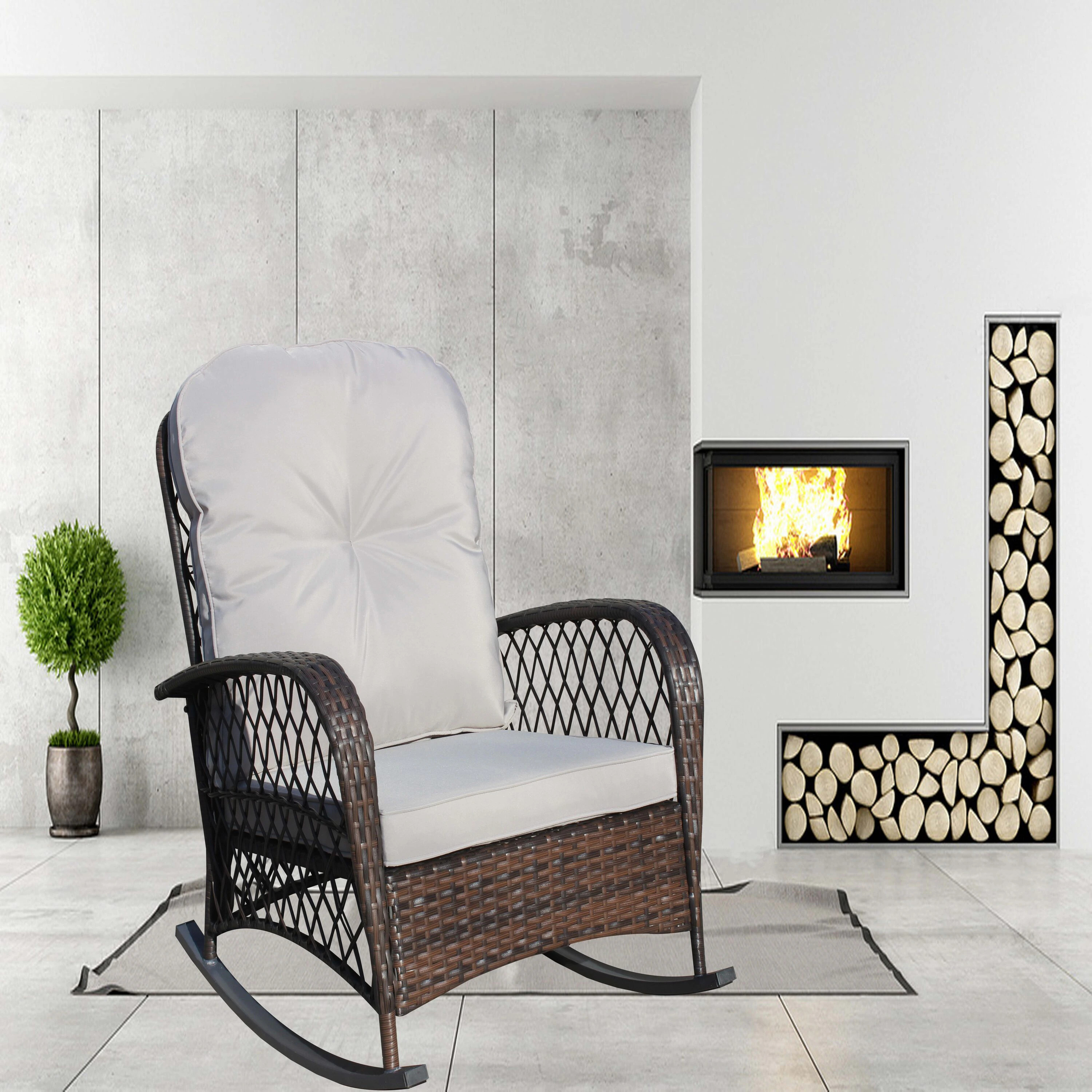 PetriMins Modern Outdoor Wicker Rocking Chair with Gray Cushion High Back Patio Rocker with Wide Armrests for Porch Poolside and Garden Cotton | Lowe's